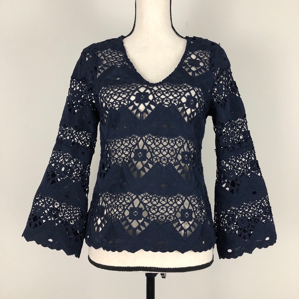 Portmans Navy Lace Bell Sleeve Top